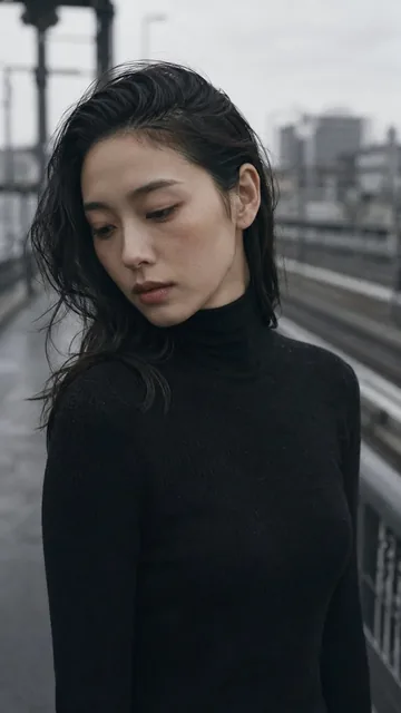 Close-up portrait of a Japanese woman with dark wavy hair, wearing a black turtleneck, against a blurred urban background in overcast, monochromatic lighting.