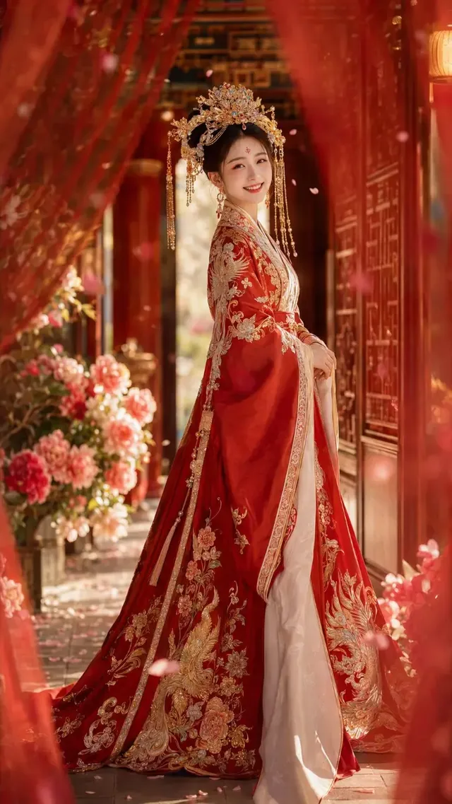 A beautiful 21-year-old Oriental bride with a gentle smile and expressive eyes, wearing a detailed phoenix coronet and flowing red and ivory traditional wedding gown, standing in a sunlit courtyard with soft bokeh.