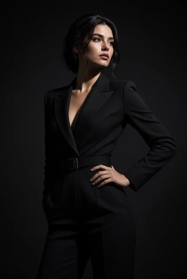 Cinematic studio portrait of a sophisticated woman in a tailored black jumpsuit with dramatic moody lighting against a dark background.