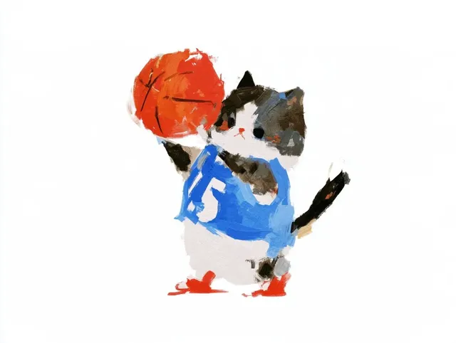 An expressive impasto painting of a cute cat wearing a blue basketball jersey and holding a bright orange basketball against a white background.