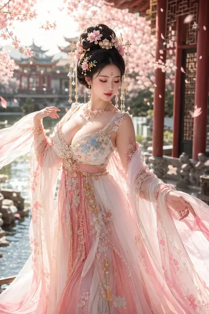 A beautiful East Asian woman in a pink and white gradient off-the-shoulder Hanfu with intricate embroidery and pearl details, standing in a classical Chinese garden with blooming cherry blossoms. She has elegant makeup, a floral hair ornament, and her wide sleeves and sash flow in the breeze.