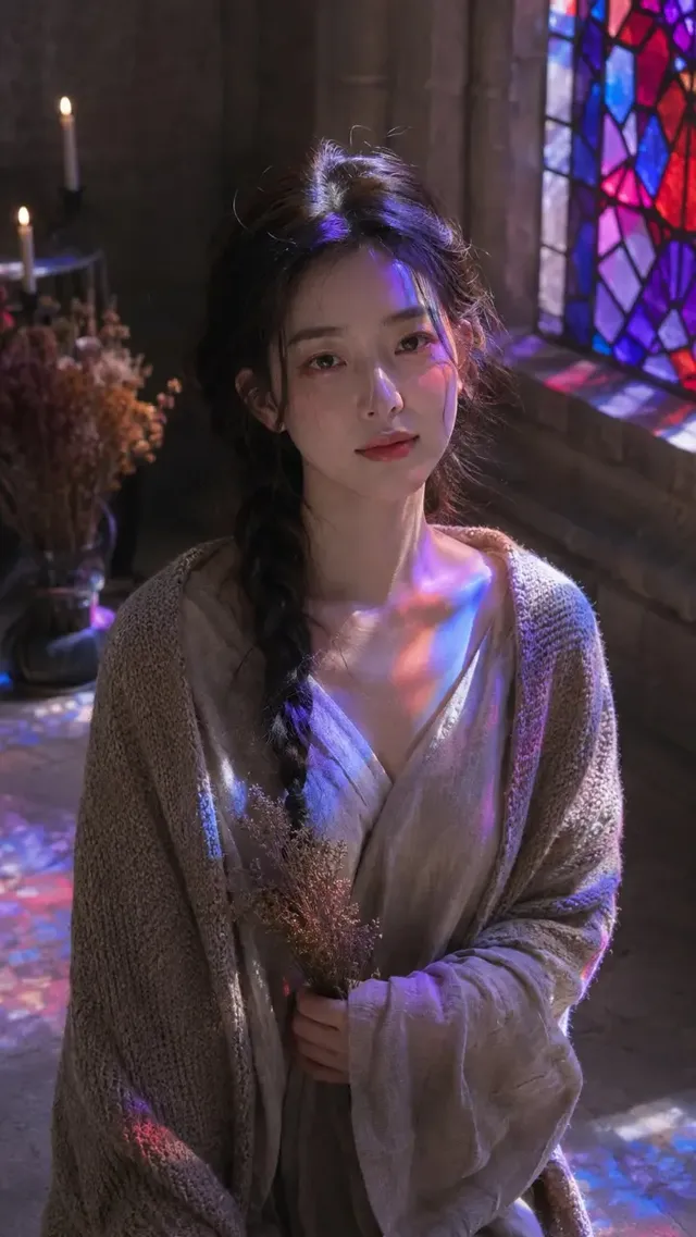 A young Korean woman with natural makeup and loosely braided black hair stands in a quiet, stone European monastery. She wears a light grey linen robe and a grey-brown knitted shawl, holding a small bunch of dried flowers. Colorful light from a stained-glass window falls on her face and clothing.