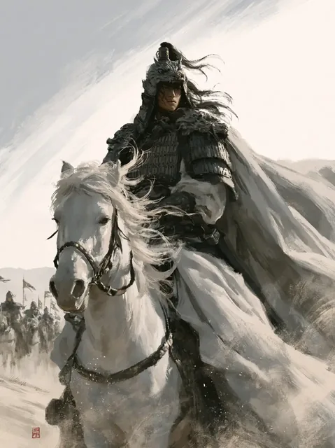 A Chinese general in steel dragon helmet and lamellar armor sits on a white horse on a hilltop, with guards behind him, in a windswept, ink-wash animation style.