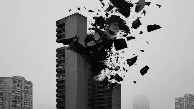 Brutalist architecture breaking apart with glitch effects, pixel fragmentation, and a cinematic film look.