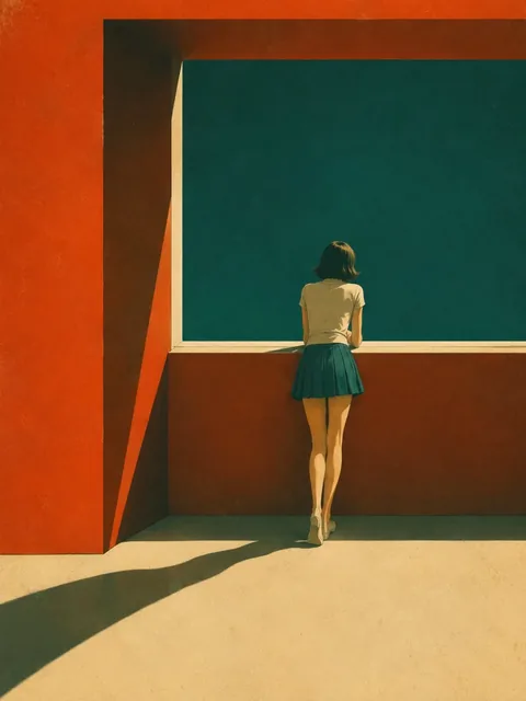 Retro modernist illustration with geometric shapes, high-contrast colors, and long shadows, depicting a solitary figure in a contemplative pose.