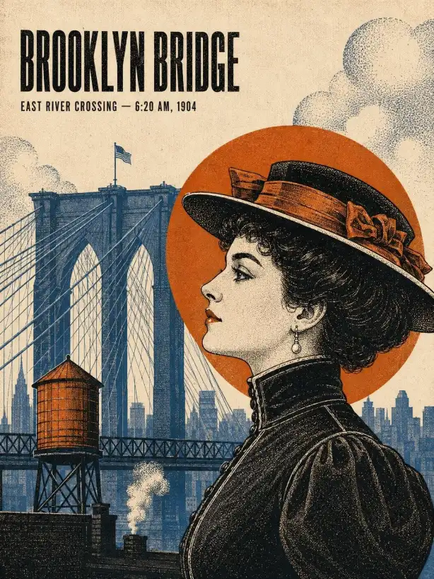 Vintage New York City travel poster with a glamorous woman in 1920s-30s fashion looking towards the Chrysler Building, rendered in engraved linework and halftone print style with retro colors.