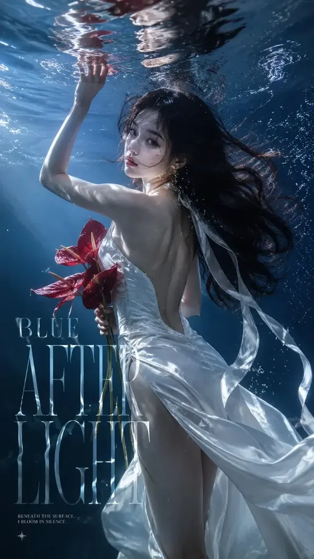 An adult woman floats elegantly underwater, wearing a sculptural dress and holding an object. Realistic water effects, lighting, and typography are visible.