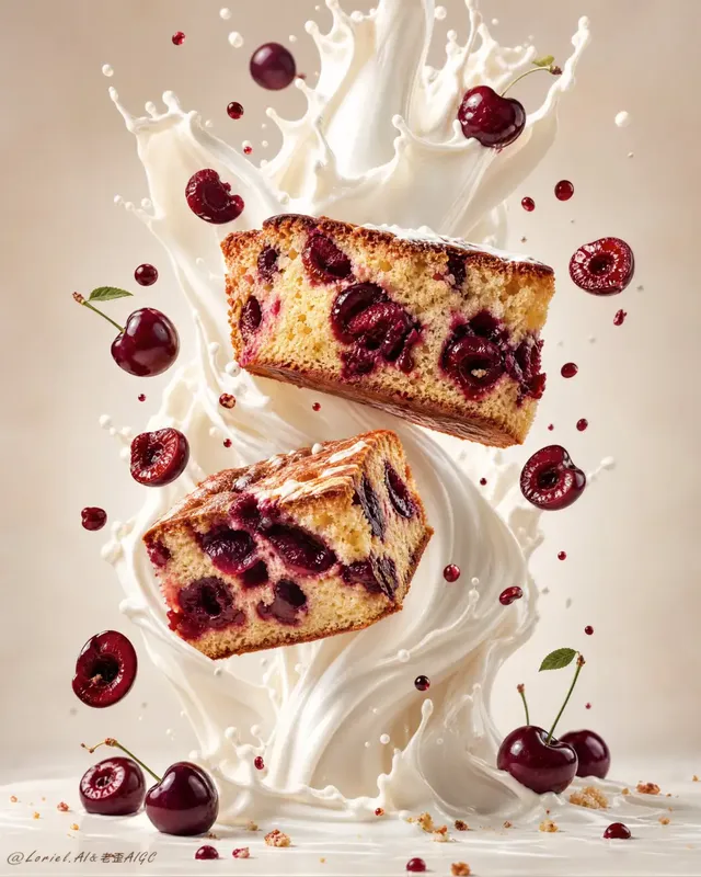 A hyper-realistic, ultra-premium dessert advertisement featuring a tall, sculptural ivory cream pillar with two floating cherry cake slices and suspended burgundy cherry accents against a clean, polished background.