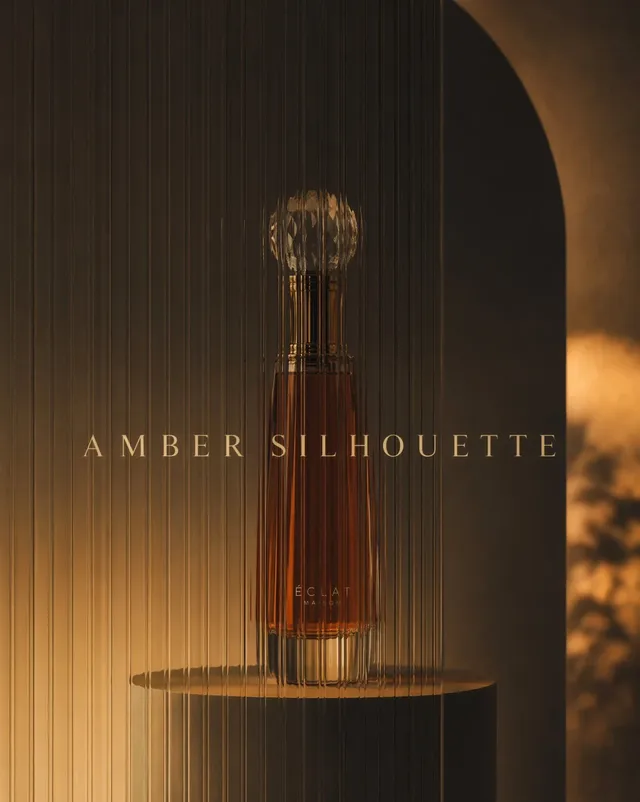 A minimalist product advertisement for 'Vanilla & Blues Eau de Parfum'. A sky-blue frosted glass bottle with a seashell cap is prominently displayed, with a soft-focus floral box behind it, framed by corrugated glass.