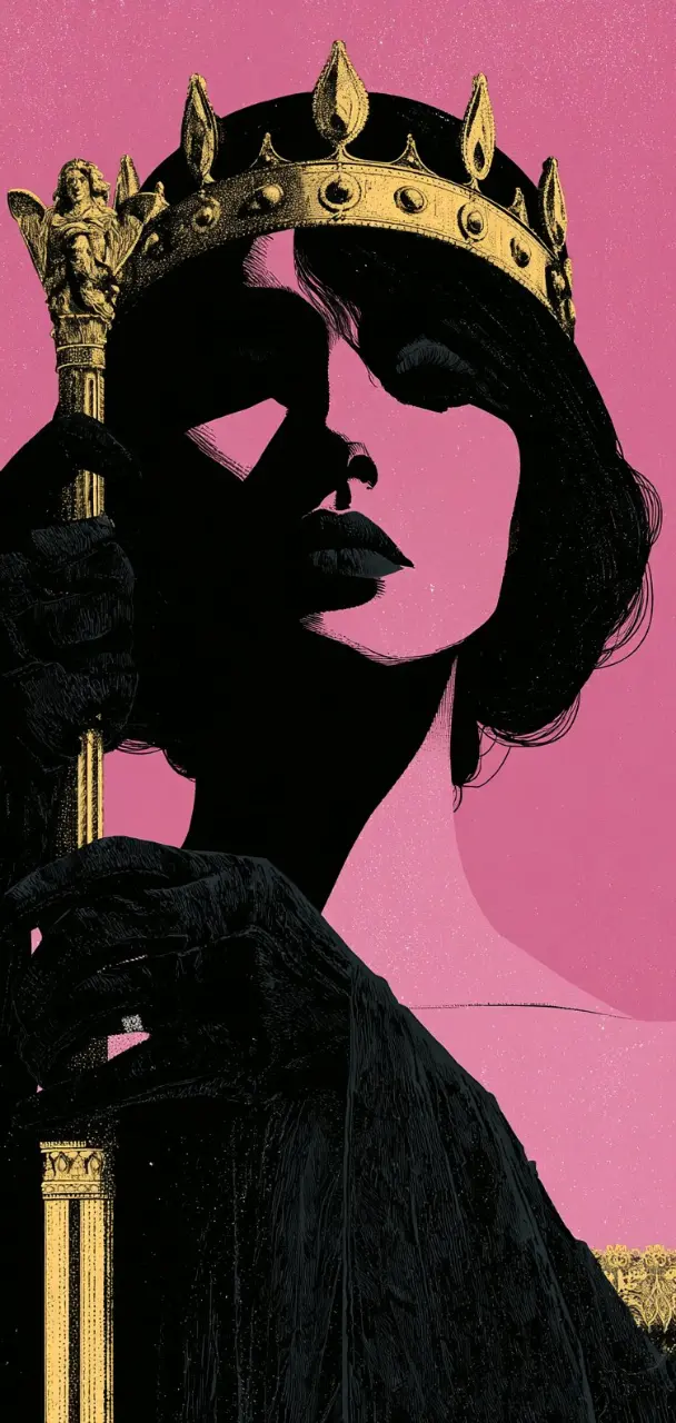 A queen wearing a golden crown and holding a scepter, depicted in a dramatic silhouette illustration with bold black and pink colors.
