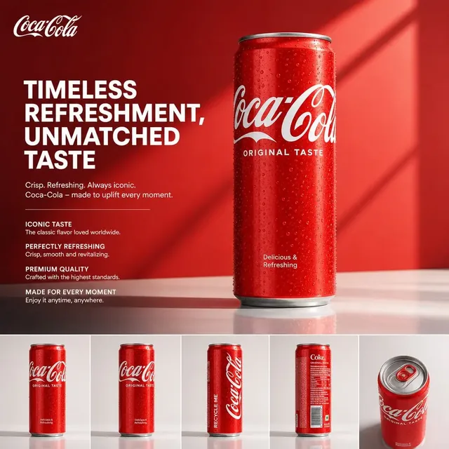 Hero product shot of a Coca-Cola bottle, bathed in dramatic lighting, presented as a universally recognized FMCG brand.