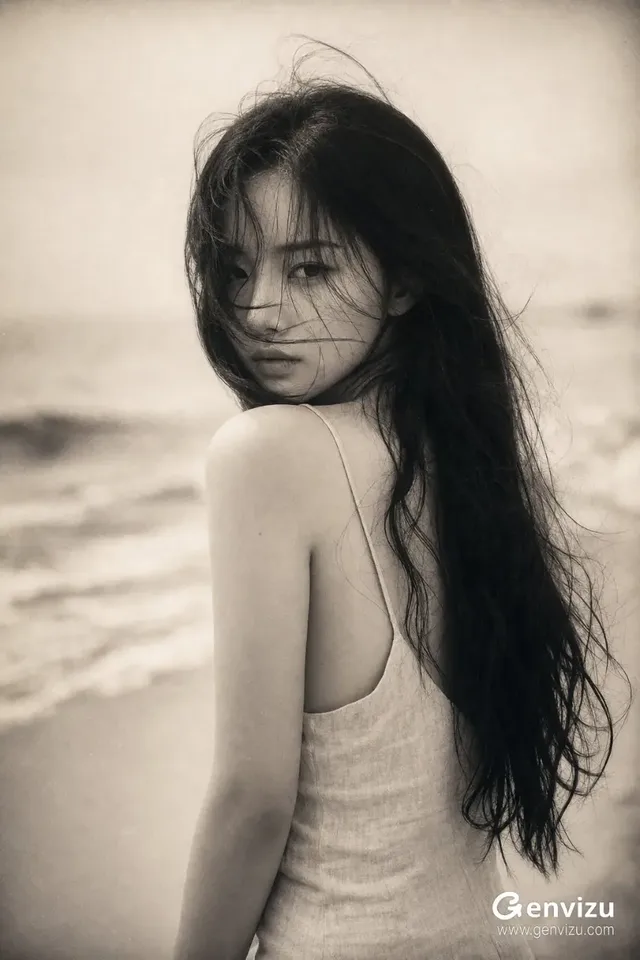 A close-up, waist-up portrait of a young East Asian woman with long, dark, windswept hair on a beach. She looks back at the camera with a mysterious expression. The image has a warm, monochrome, film-like quality with soft focus background.