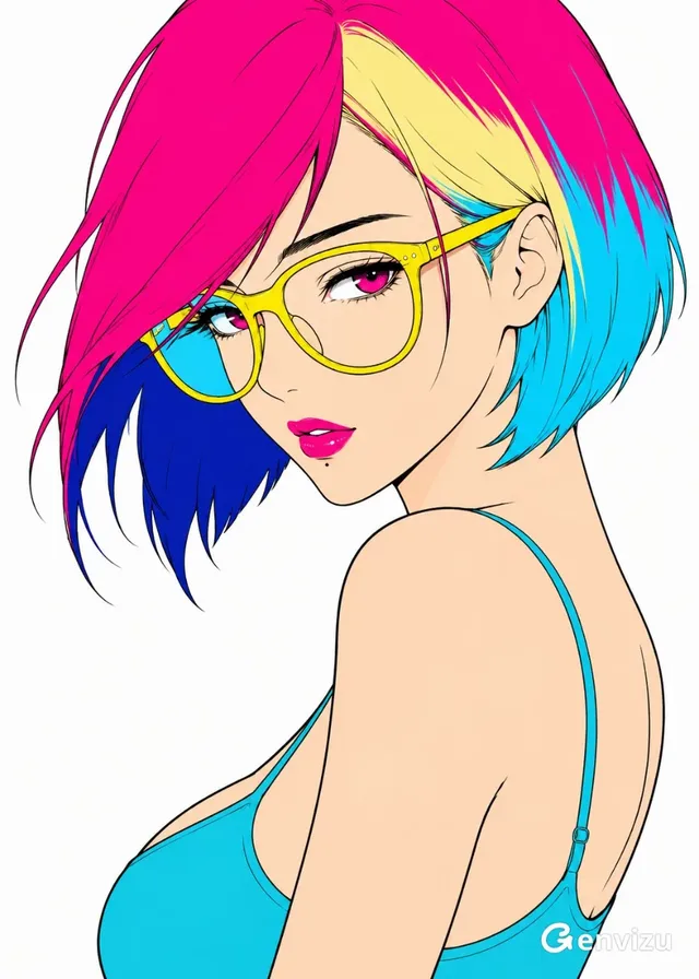 Vertical anime illustration of a young East Asian woman with a multi-colored bob, large yellow glasses with a cyan reflection on one lens, against a white background. Head turned over shoulder, three-quarter profile.