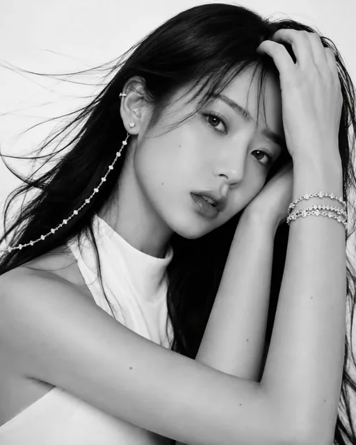 Close-up editorial portrait of a person with arms framing their face, wearing diamond jewelry and a white high-neck top, with dramatic lighting against a white background.