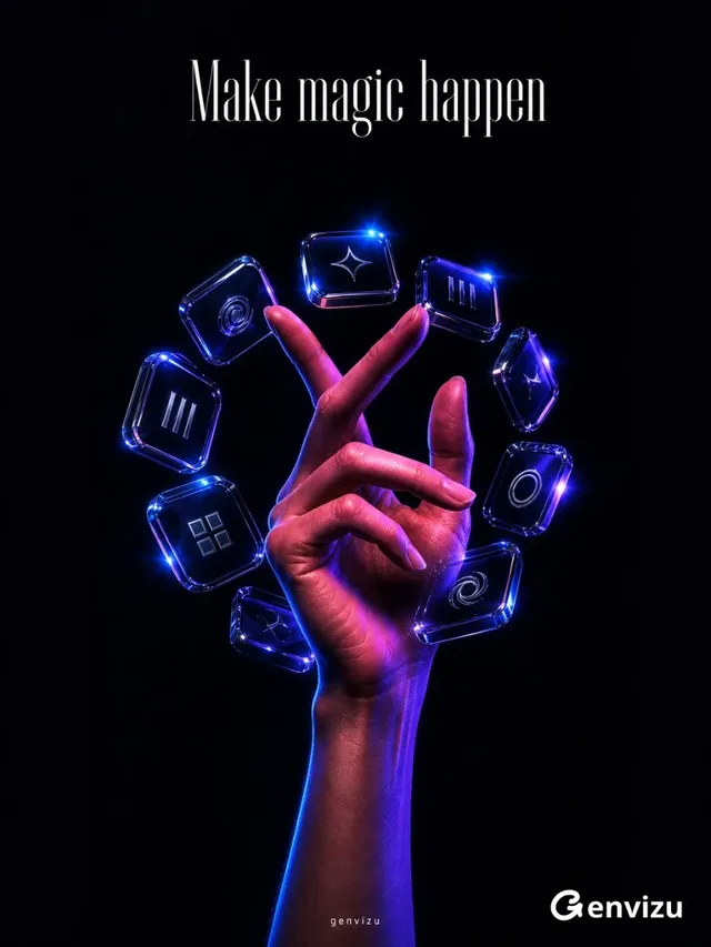 A realistic, five-fingered human hand and forearm reaching upwards from a dark background, fingers elegantly crossed. The hand is adorned with transparent, smoky glass and polished resin digital charms with chrome edges. Dramatic magenta and blue lighting highlights the hand and charms, with sharp highlights on the glass.