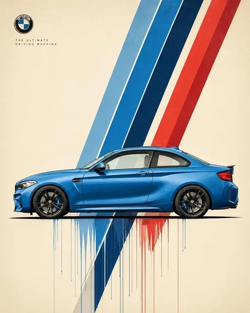 Ultra-clean automotive poster with a car's side profile, speed stripes, brand logo, and slogan on an ivory background.