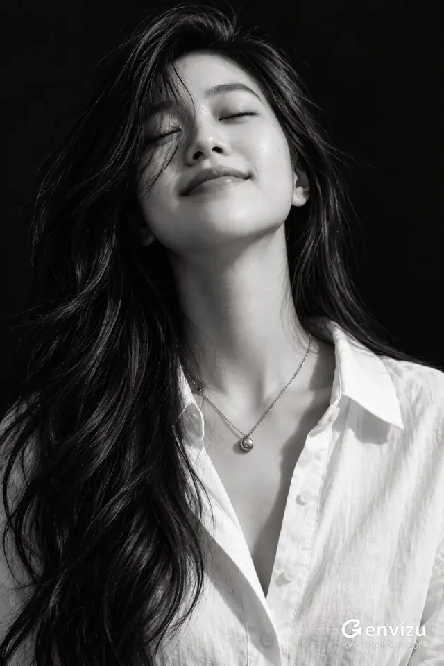Monochrome portrait of a person with eyes closed, subtle smile, and delicate necklace against a dark background.