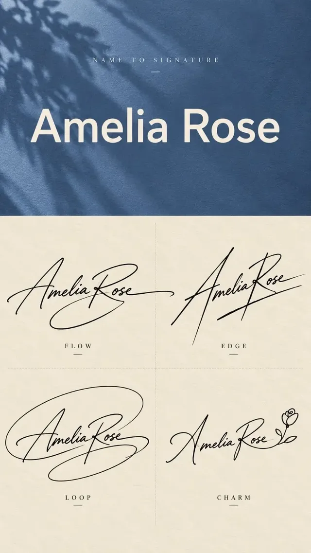 Vertical design sheet showing a typed name above a 2x2 grid of four distinct handwritten signature styles.