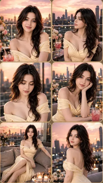 A six-panel collage of a beautiful young woman posing elegantly on a luxury rooftop during a pink and peach sunset, wearing a pale yellow off-shoulder dress.