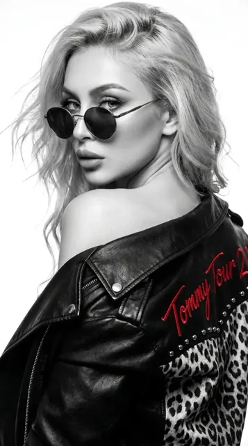 Medium shot of a woman looking over her shoulder, wearing a black leather biker jacket with leopard print and red text, and dark sunglasses, against a white studio background.