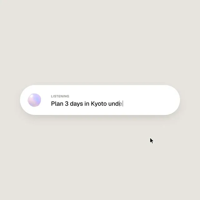 Animation showcasing an AI chat interface planning a Kyoto trip. A glowing, iridescent orb morphs and interacts with a clean UI as a cursor guides the planning and booking process.