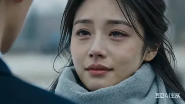 Close-up of a young woman's face, eyes glistening with unshed tears, lips slightly downturned, framed by soft winter light and blowing hair. Cinematic, emotional, and realistic.