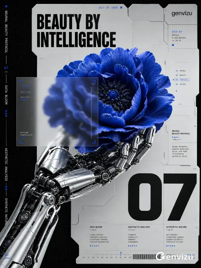A vertical futuristic poster with a silver bionic arm holding a large cobalt blue flower. Text elements include 'BEAUTY BY INTELLIGENCE' and '07'. The background is dark with a honeycomb pattern.