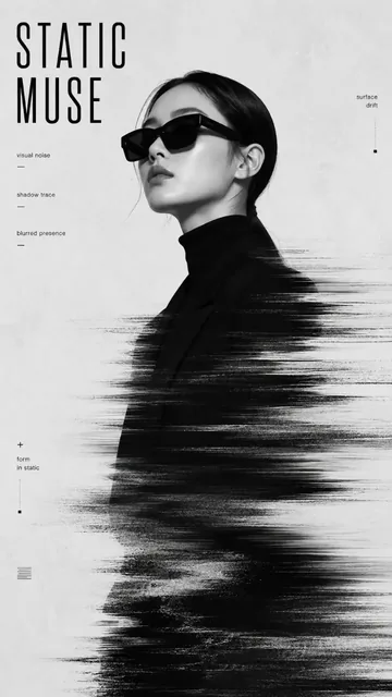 Experimental identity portrait poster with a model, futuristic typography, and controlled visual distortion, emphasizing a cold, precise, and high-fashion aesthetic.