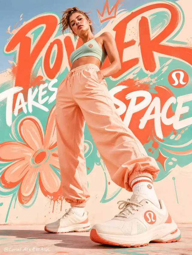Low-angle view of a female model in Lululemon activewear, with coral and mint graffiti art surrounding her.