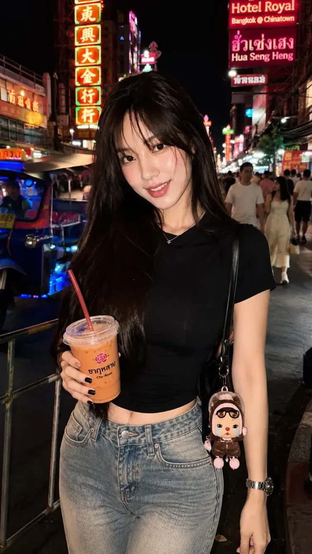 A woman with fair skin, long dark hair, and dewy makeup smiles at the camera, holding a cup of Thai tea. She stands on a bustling Bangkok street at night, illuminated by colorful neon signs.