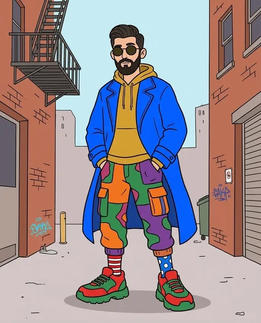 Full-body portrait of a character in a naive cartoon style, with exaggerated proportions and a deadpan expression, wearing a stylish outfit.