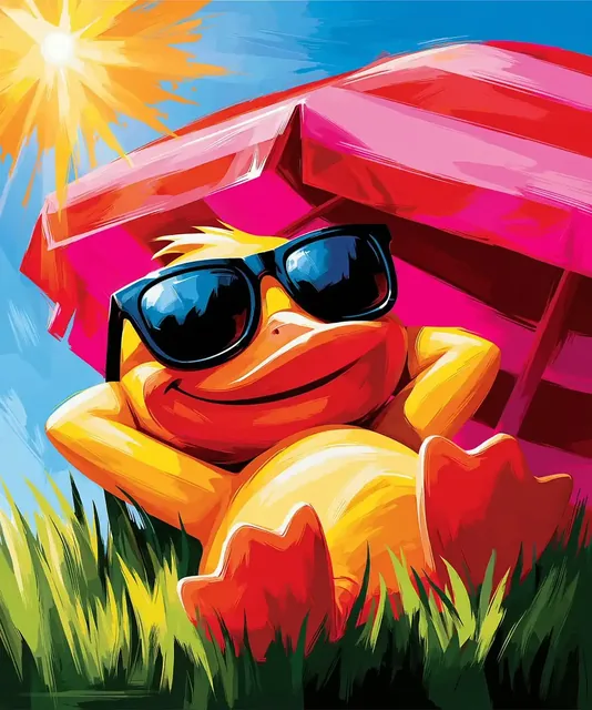 A cartoon duck wearing sunglasses relaxes on its back in green grass under a red and pink striped umbrella, with the sun shining.