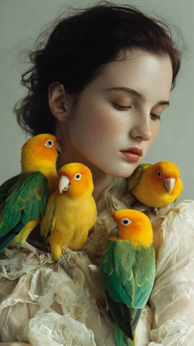 Close-up studio portrait of a fair-skinned woman with dark hair, eyes closed, tenderly holding five small teal and yellow parrots on her shoulders and arms. Her cream-colored attire contrasts with the gray background.