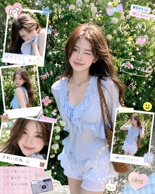 A scrapbook collage featuring a young Korean woman in a pastel blue top and white shorts, surrounded by floral bushes, with various photo frames, stickers, and Japanese text.