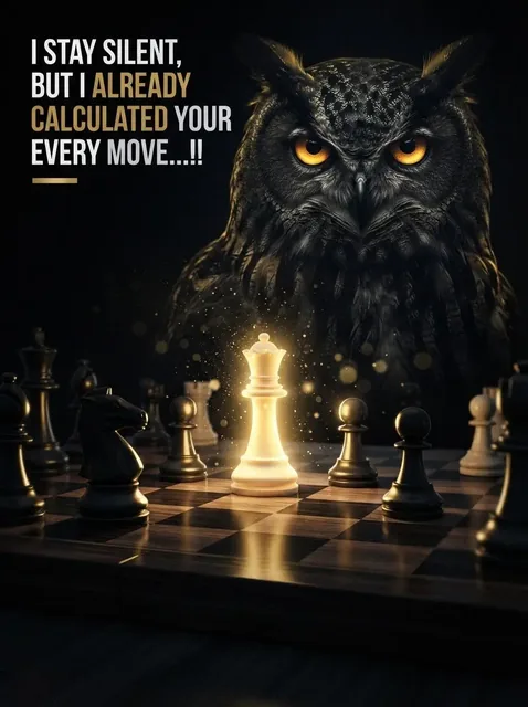 A cinematic digital illustration featuring a realistic owl with glowing amber eyes and a radiant white queen on a chessboard, set against a dark background with golden dust particl