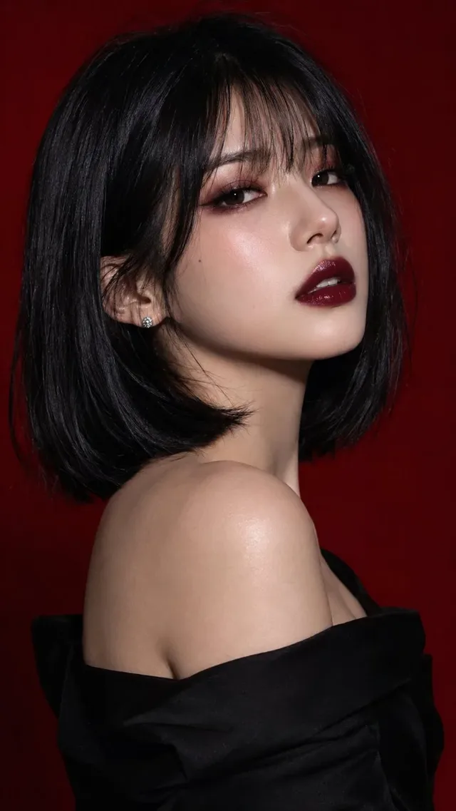 A high-fashion cinematic beauty portrait of an elegant East Asian woman with a glossy bob against a deep crimson-red studio background.