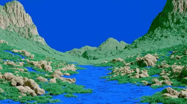 A stylized digital landscape with bright green mountains and grass, a blue river, and tan rocks under a bright blue sky.