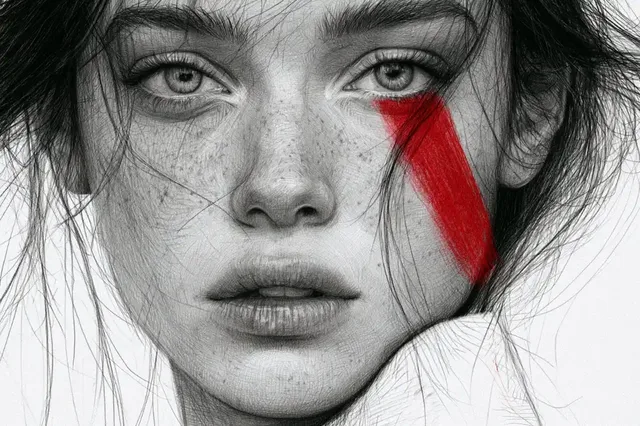 Hyper-realistic black and white sketch with a single bold red accent stroke, fine art illustration style.