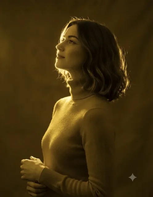 Monochromatic golden-sepia portrait of a woman with a melancholic expression, soft rim lighting creating a halo effect, hands near face, side profile, dark background.