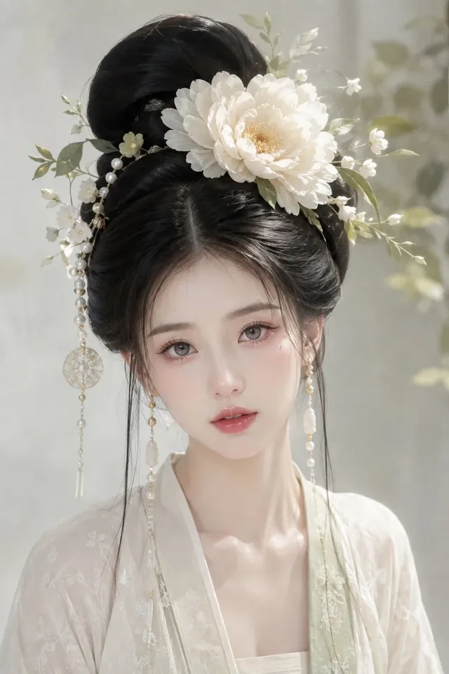 Portrait of a beautiful East Asian woman with porcelain skin, large almond-shaped eyes, a delicate nose, and plump lips. Her hair is styled in a large, dark, classical updo adorned with a large white flower and long pearl earrings.