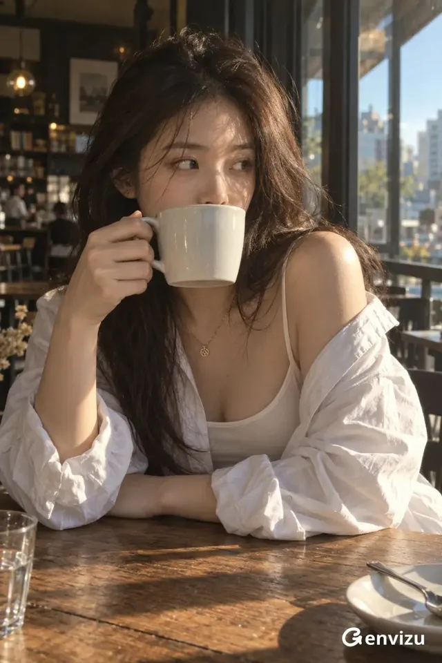 Photorealistic cinematic portrait of a young East Asian woman in a cafe, holding a mug to her lips, with sunlight streaming in and blurring the background.