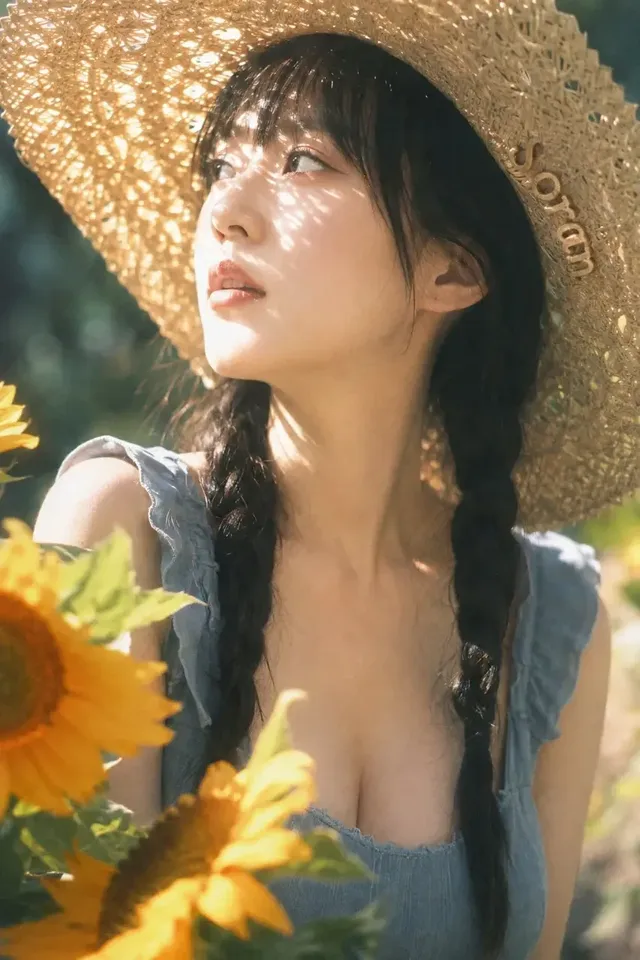 Close-up portrait of a summer girl under a large woven straw hat with cutouts, her face illuminated by dappled sunlight filtering through the brim, surrounded by sunflowers, with subtle brand text woven into the hat.
