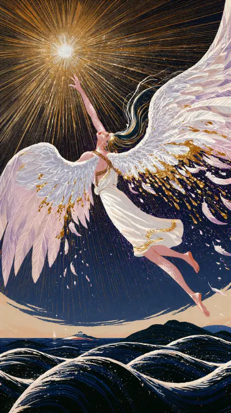An angel with large white and gold wings reaching up towards a bright, radiating sun against a dark, starry sky, with a seascape below.