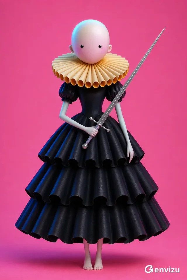 Full-body, front-facing surreal doll character with a pale oval head, two black dot eyes, and a large Elizabethan ruff, wearing a black Victorian ball gown and holding a silver sword.