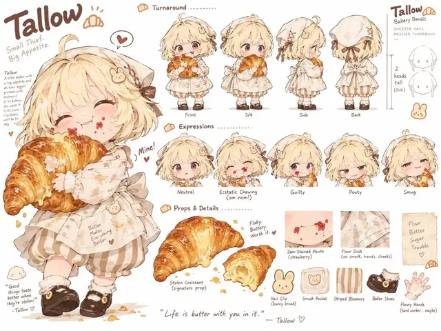 A character sheet showcasing original 2D anime chibi characters designed from abstract concepts, each with a unique profile, habit, and humorous mishap.