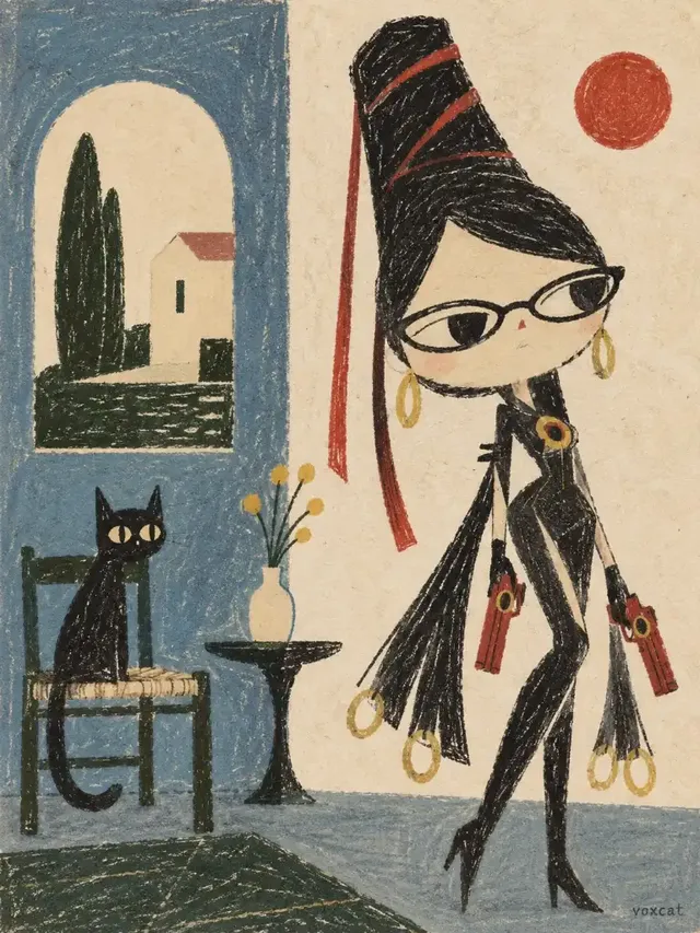 A neo-naïve illustration featuring an awkward anthropomorphic character with primitive geometric shapes and a muted modernist palette.