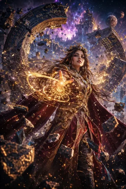 A powerful queen, the Empress of Cosmic Power, emerges from a shattered celestial relic, radiating golden and violet arcane energy with a confident, commanding gaze towards the vie