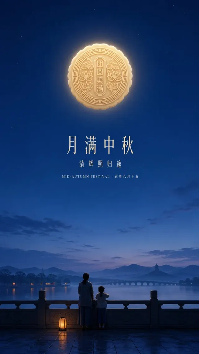 A glowing circular light source floats in a vast, calm twilight sky, with a dark foreground element and a tiny figure below, evoking a sense of scale and tranquility.