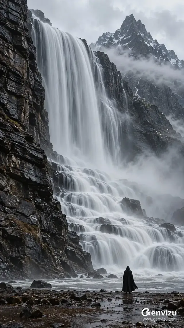 Photorealistic surreal long exposure of a vast waterfall cascading down sharp, dark cliffs. Silky water ribbons merge into satin-like flows on the ground. A lone figure in a black cloak stands on the wet shore. Diffuse, cold light. Sharp details on rocks and figure, motion blur on water and mist.