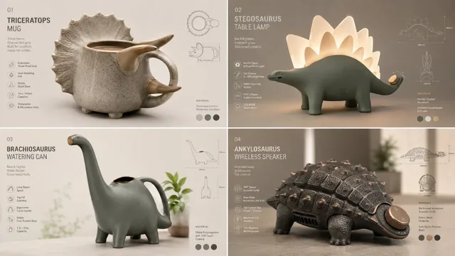 A 2x2 grid of four unique home products, each creatively shaped like a dinosaur, demonstrating functional design.